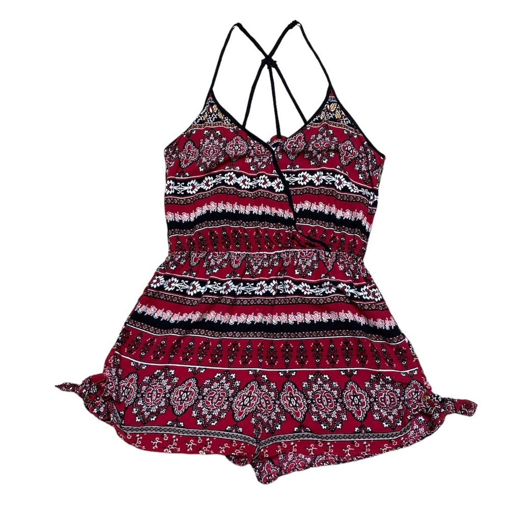 Band Of Gypsies Halter Romper Women’s M Red Strappy Back Boho Floral Jumpsuit